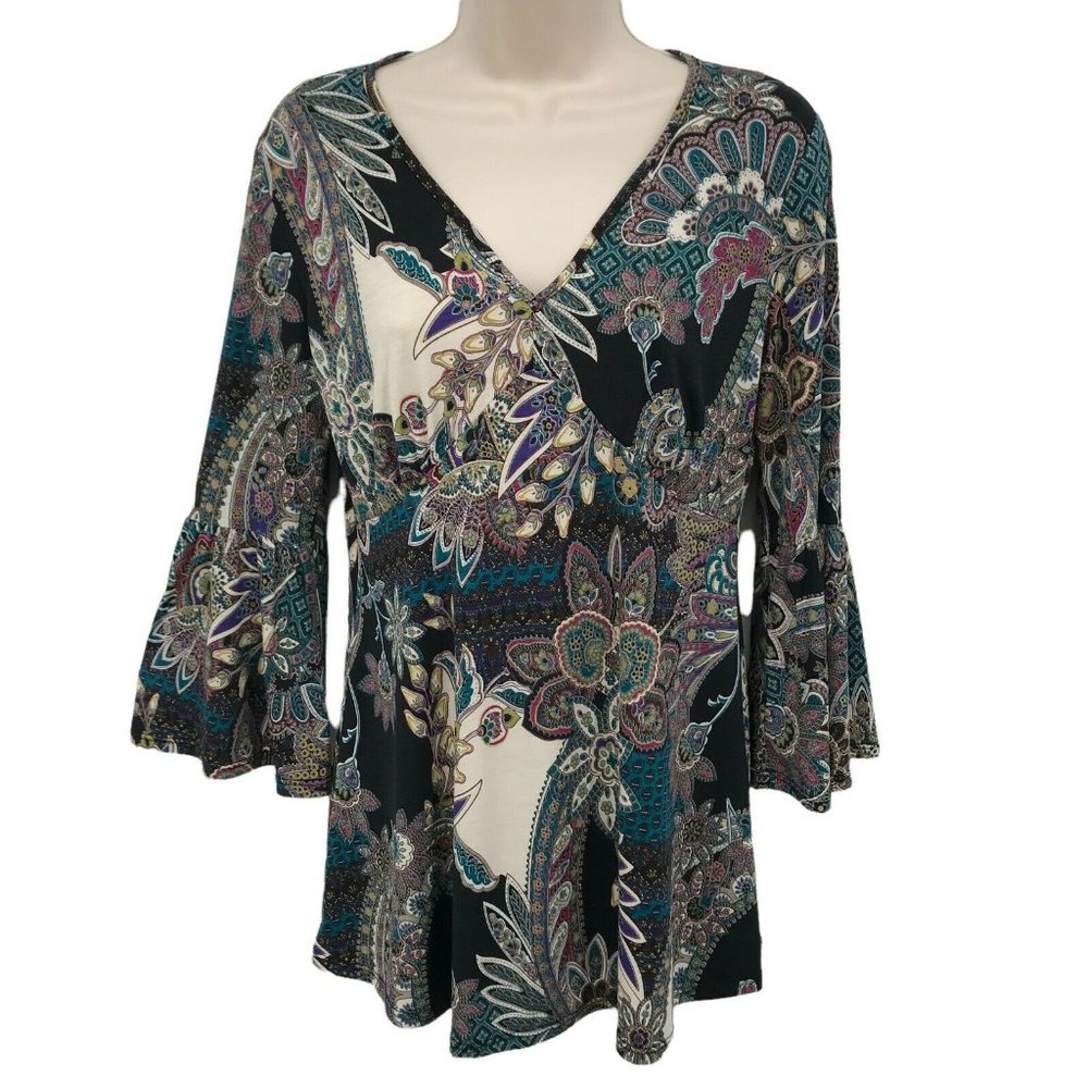 Michael Farrell Womens Black Paisley Print Bell Sleeves V Neck Blouse Top Size M
